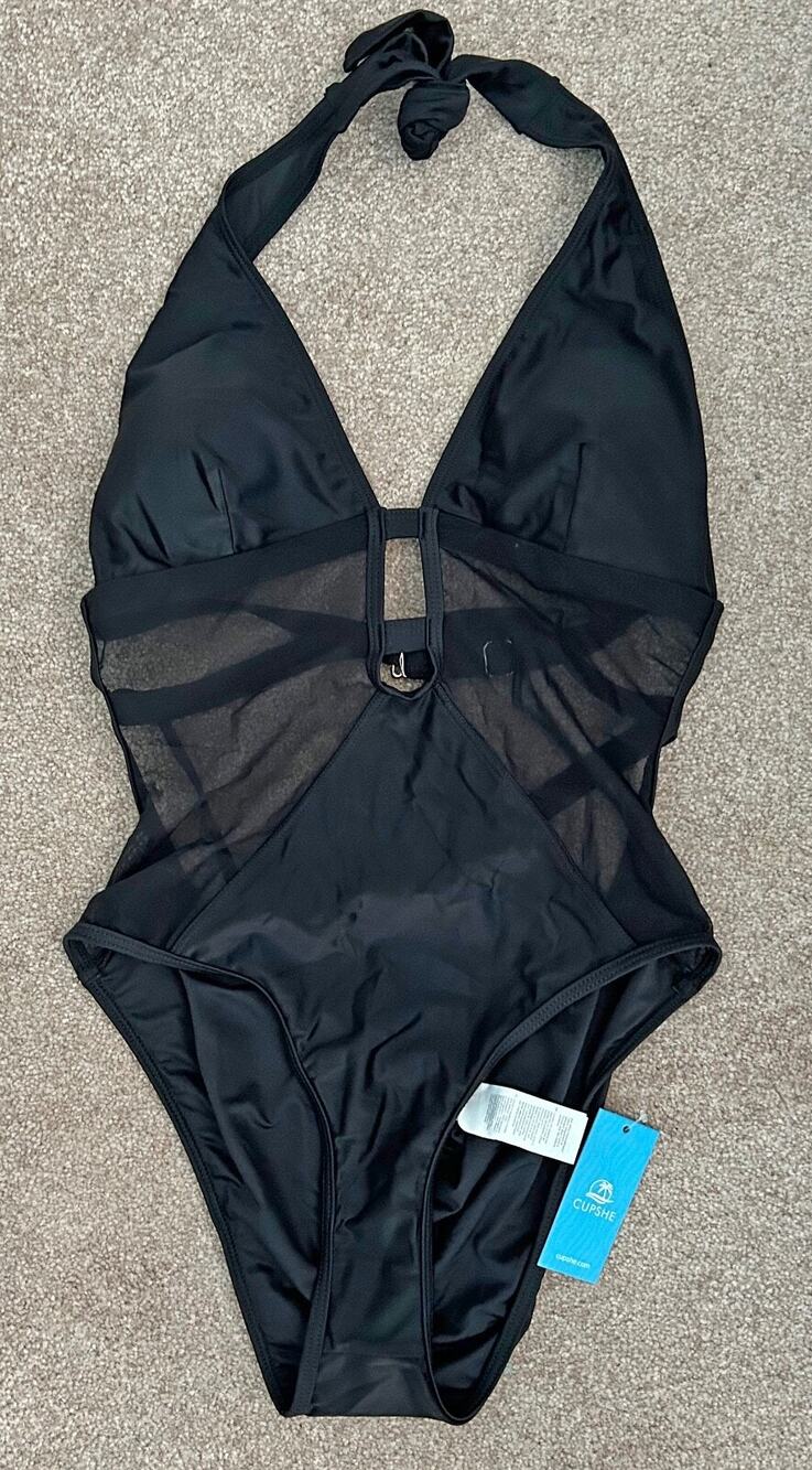 NWT! CUPSHE Women's 1 Piece Bathing Swimsuit Deep V Neck Halter Back Tie Mesh, M